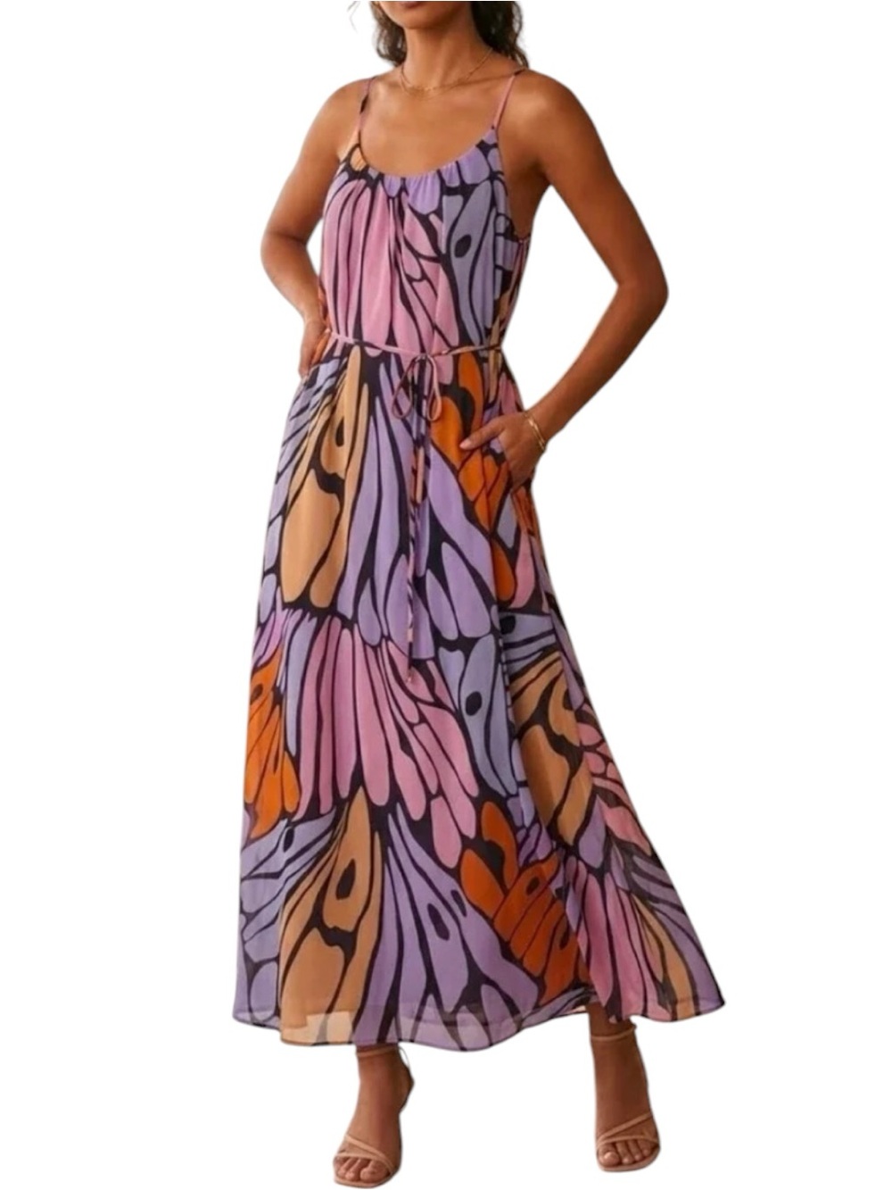Sam Edelman Butterfly Colorful Sleeveless Waist Tie Chiffon Floral Maxi Dress